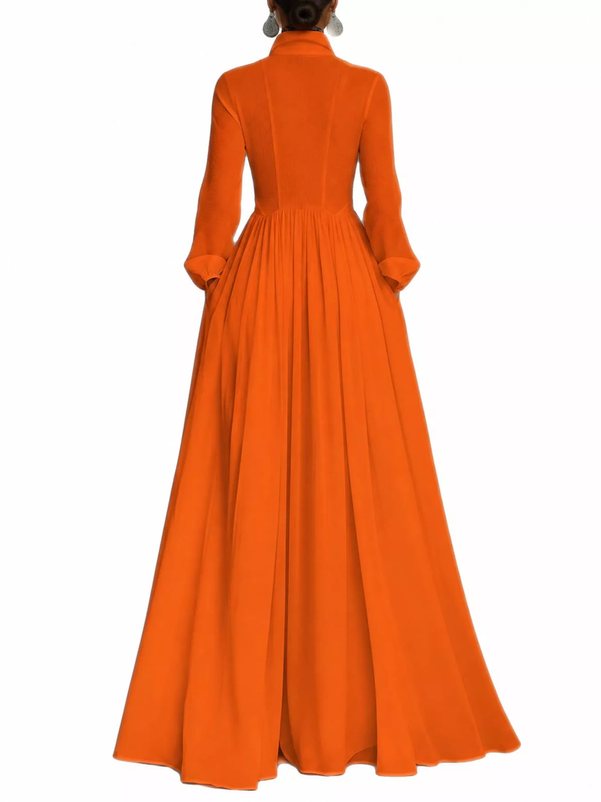 Orange long sleeve button-front maxi dress, back view