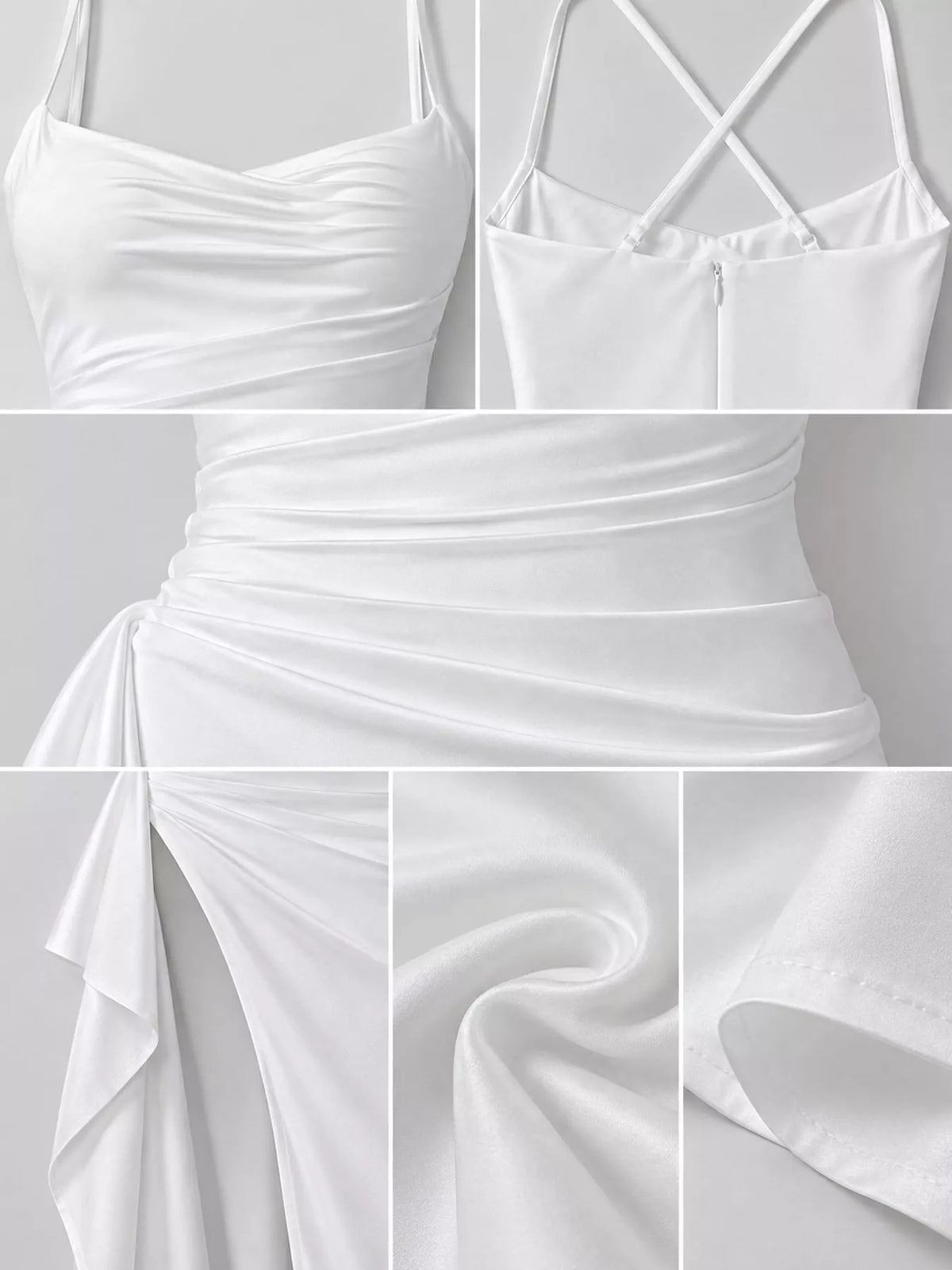 White satin ruched high slit maxi dress, detail view