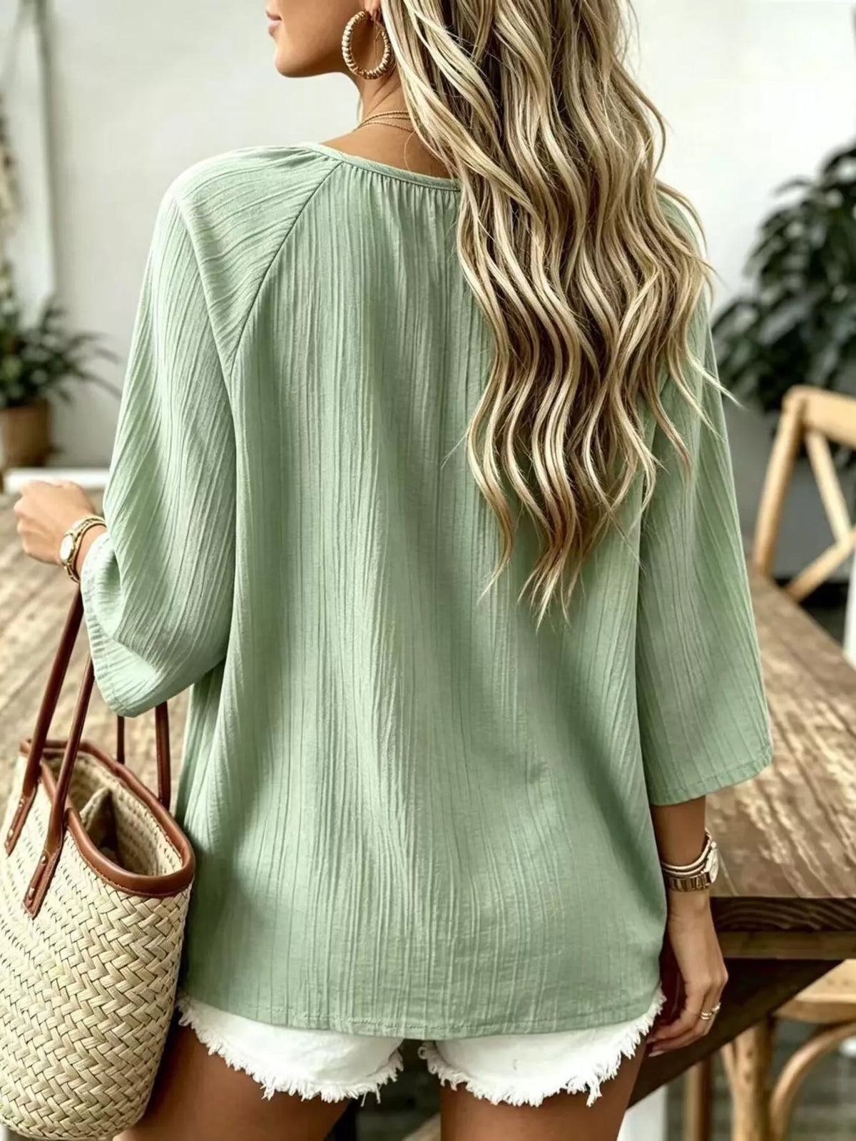 Textured V-Neck Casual T-Shirt, back view