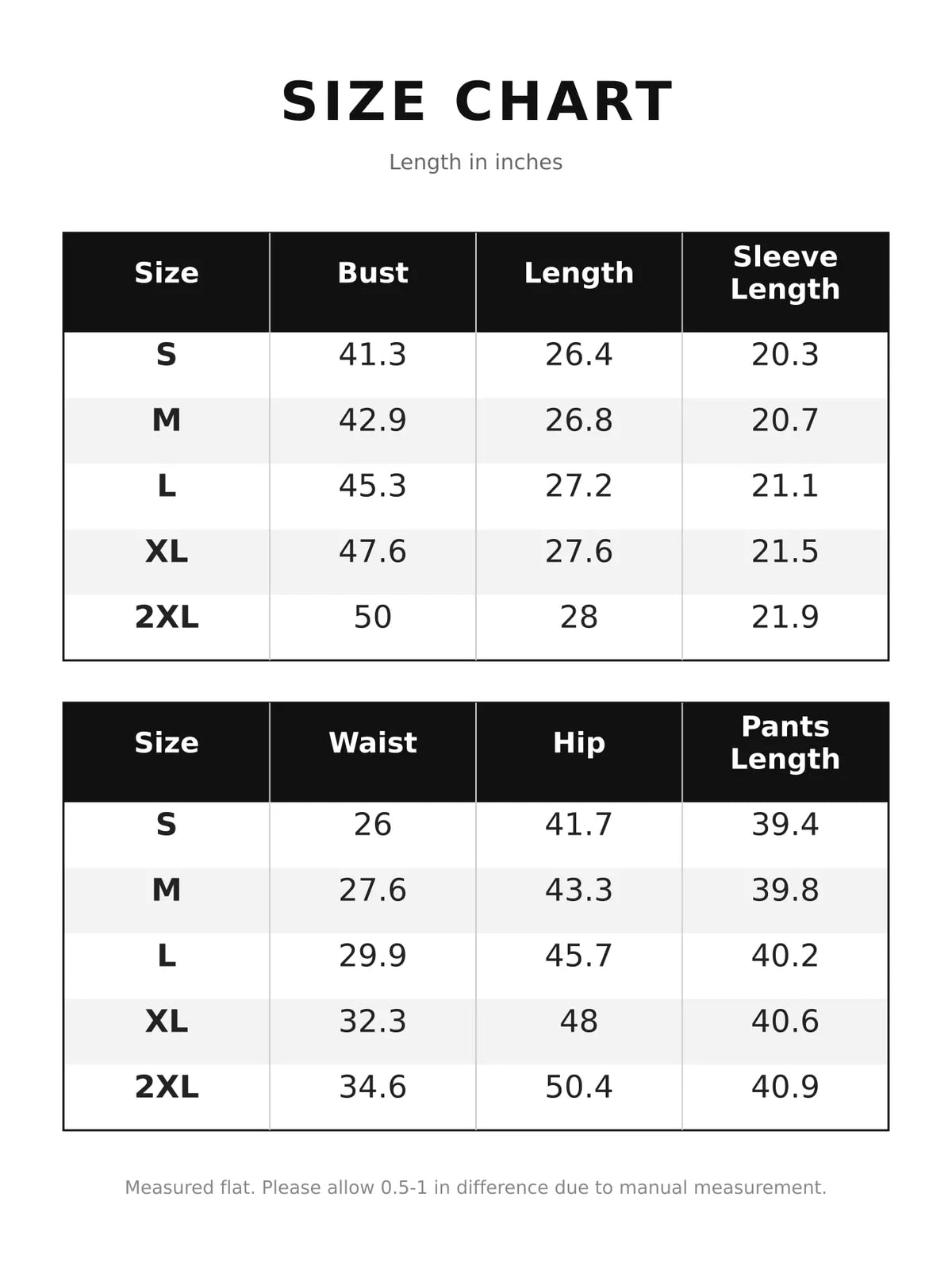 Size chart for waffle knit button detail top and pants set