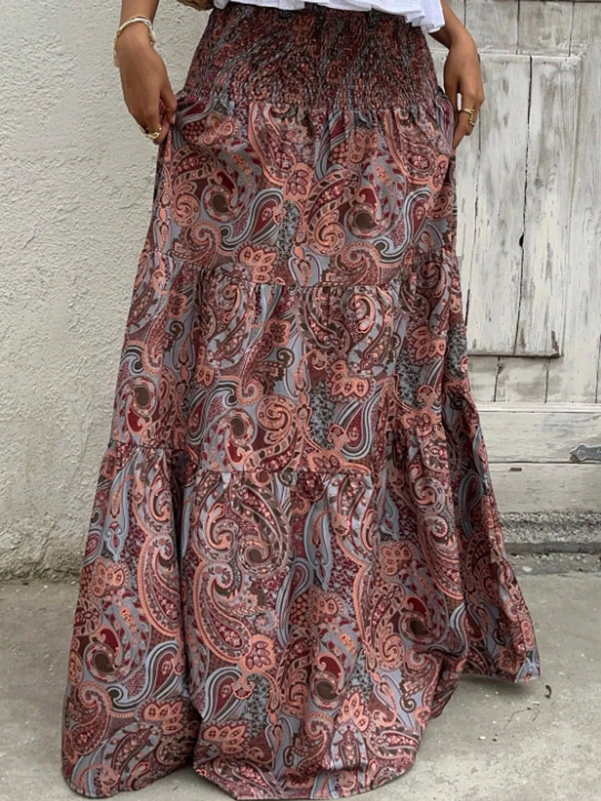 Women's Paisley Print Tiered Maxi Skirt in gray — front view