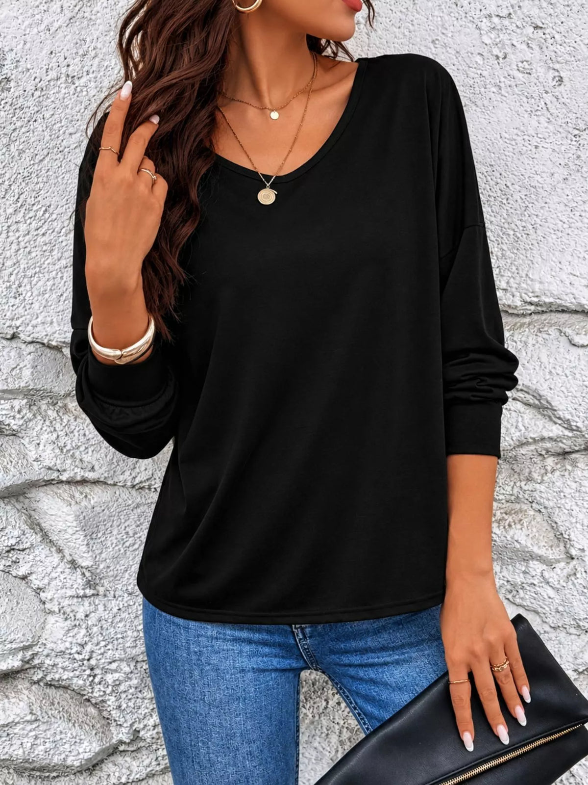 Crochet Back Detail Long Sleeve T-Shirt in black