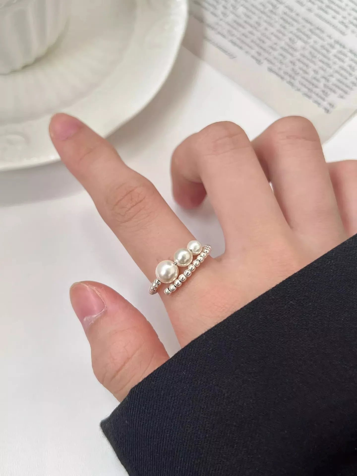 Trendsi Triple Pearl Beaded Bypass Ring -