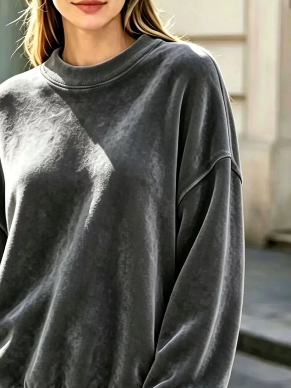 Women's Velvet Crew Neck Dropped Shoulder Sweatshirt in gray — texture detail view
