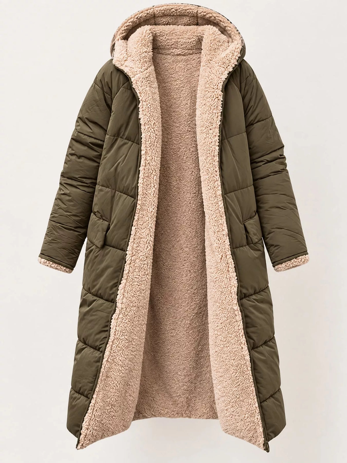 Olive longline sherpa-lined hooded puffer coat, product view