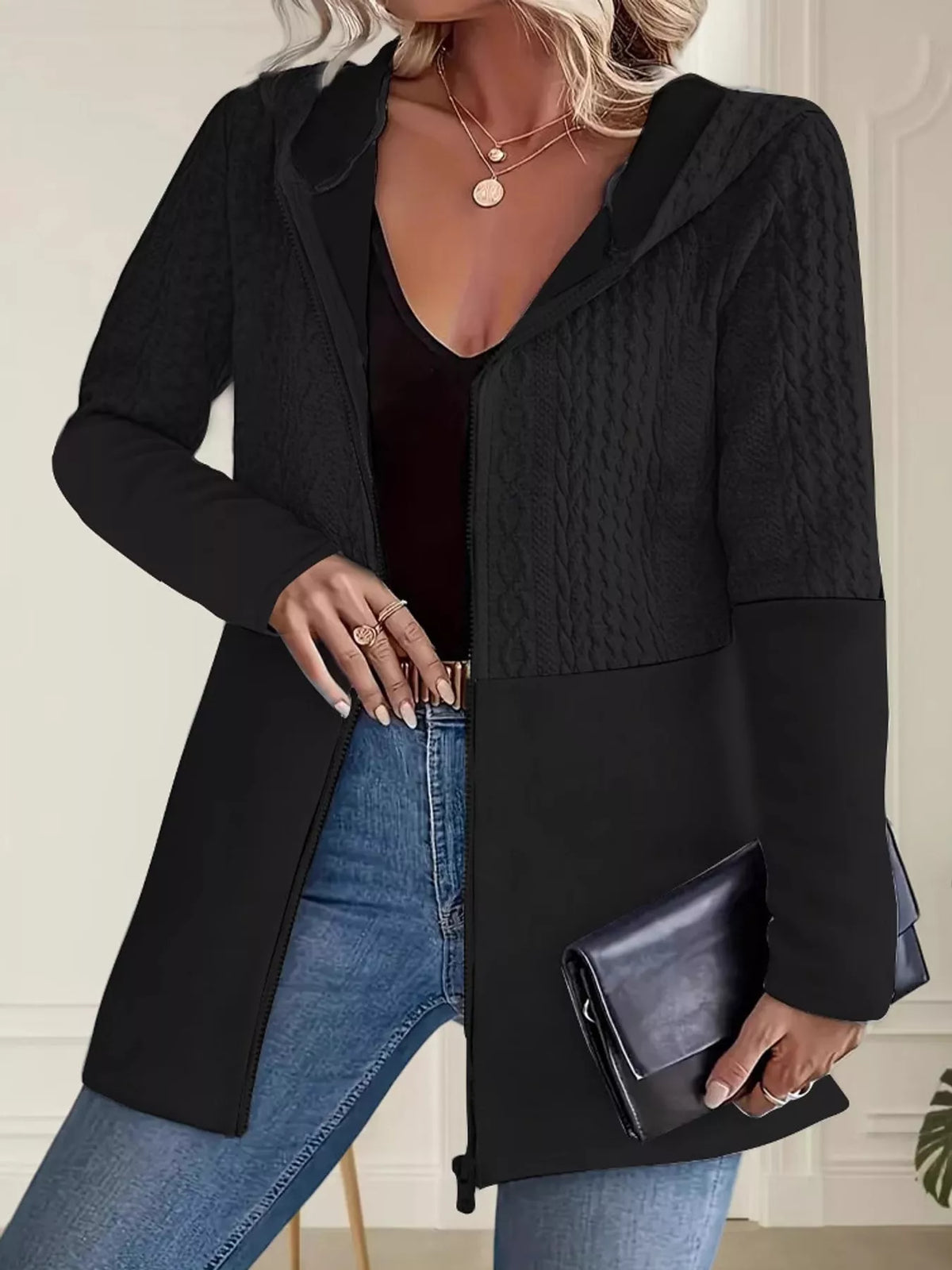 Black hooded zip-up jacket