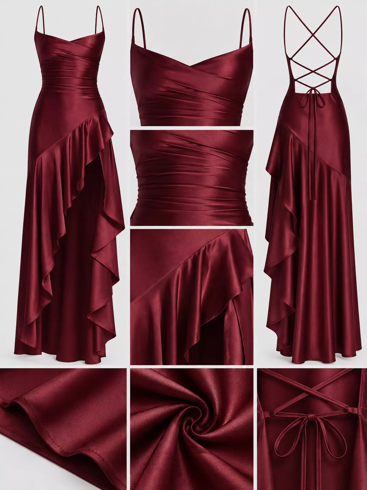 Burgundy high-low ruffle-hem evening dress, bodice hem and back details