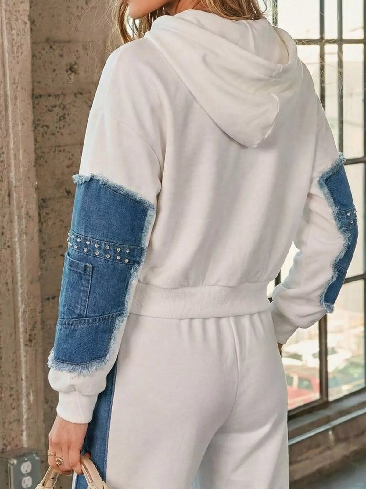 Studded denim patchwork hoodie and joggers set