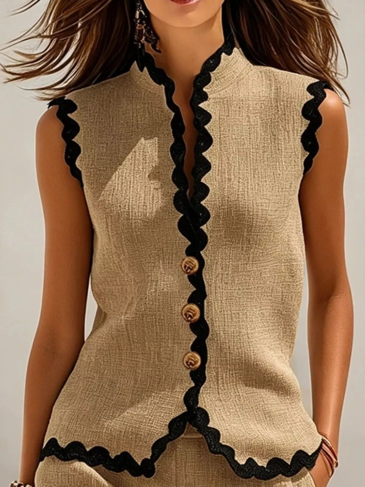 Tan and black scalloped top and shorts set, neckline and button detail