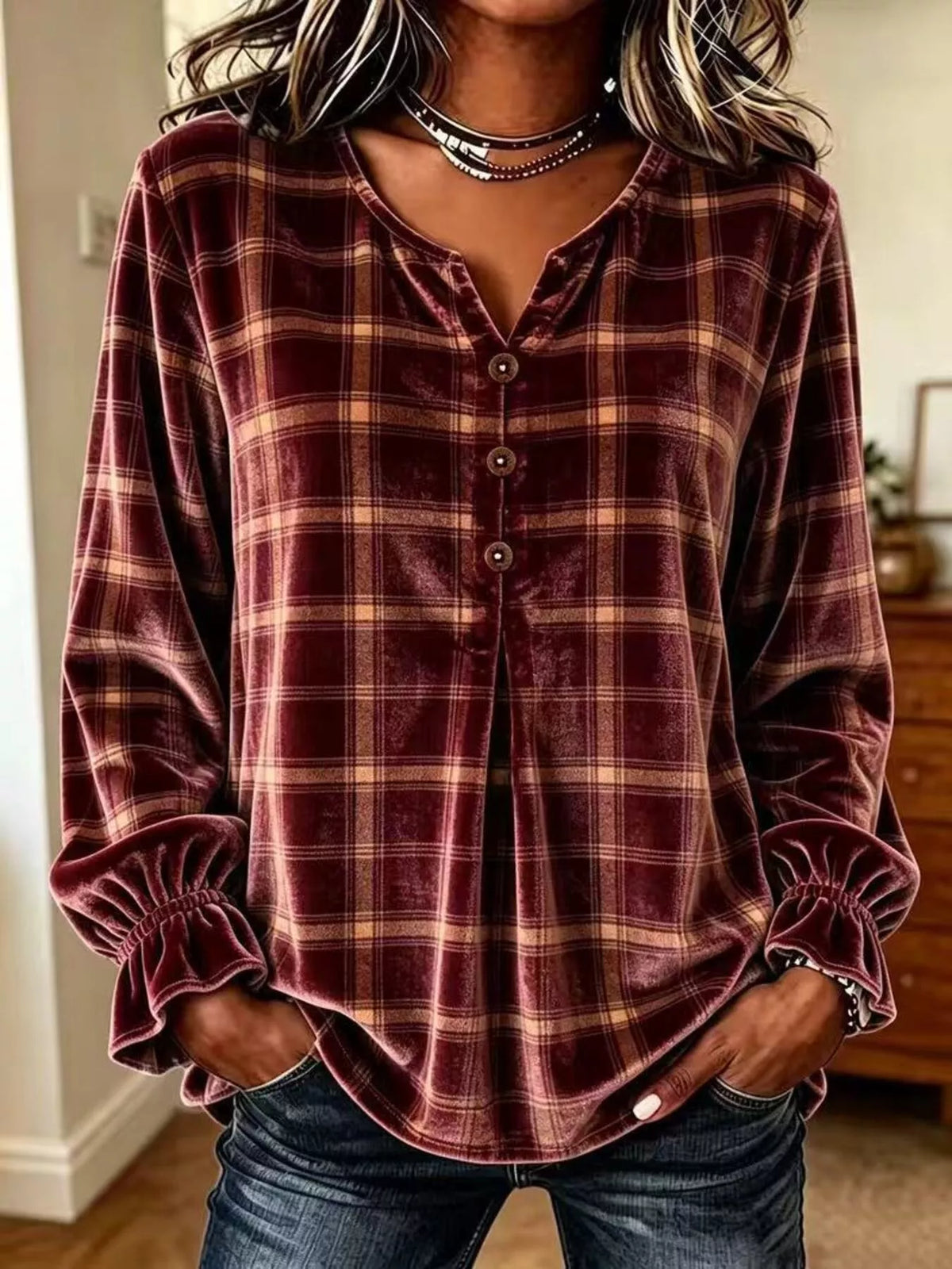 Burgundy plaid velvet balloon-sleeve blouse, front view