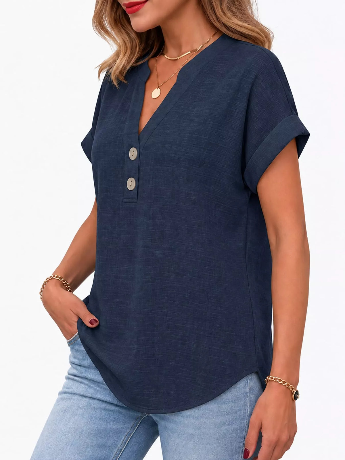Navy button detail short sleeve blouse, side view