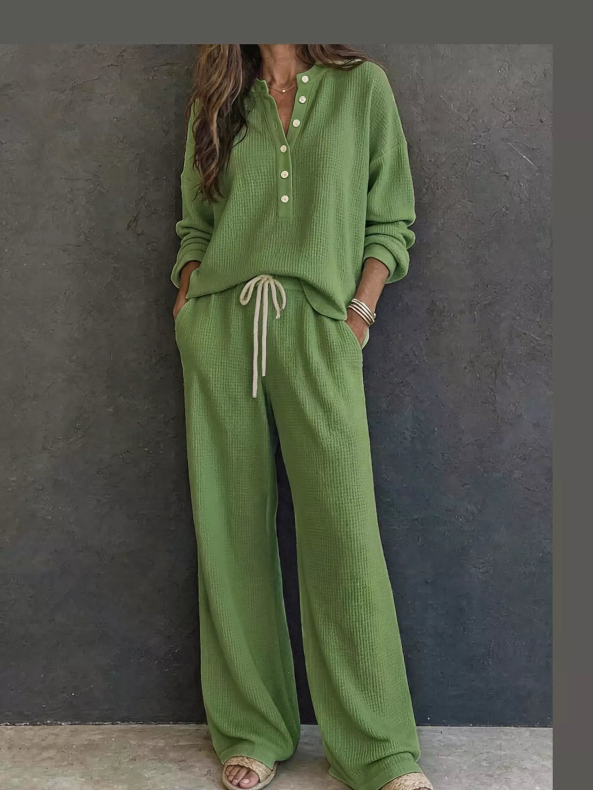 Green waffle knit button detail top and pants set