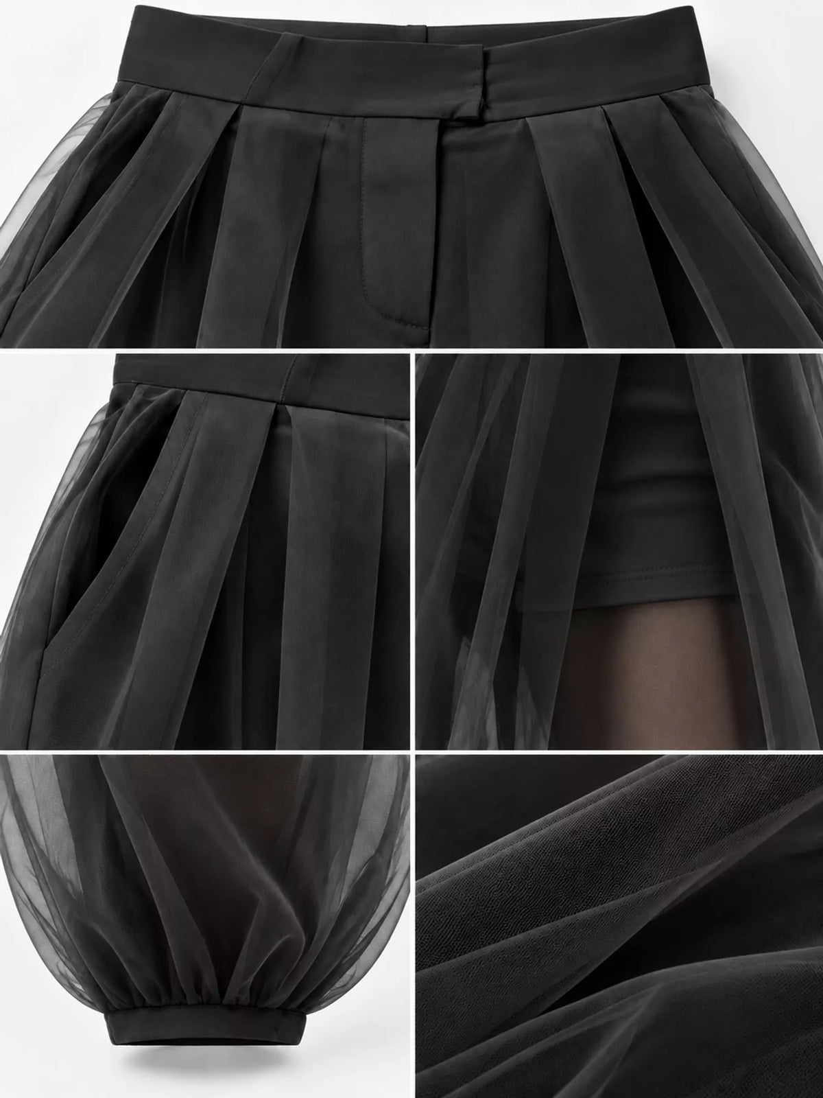 High-Waisted Sheer Tulle Balloon Pants — garment construction details