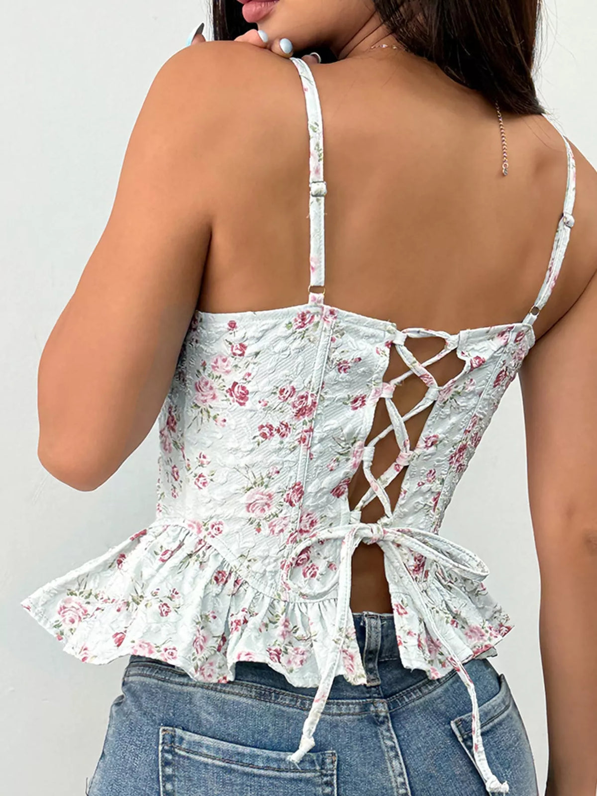Purple lace up back floral print cami, back view