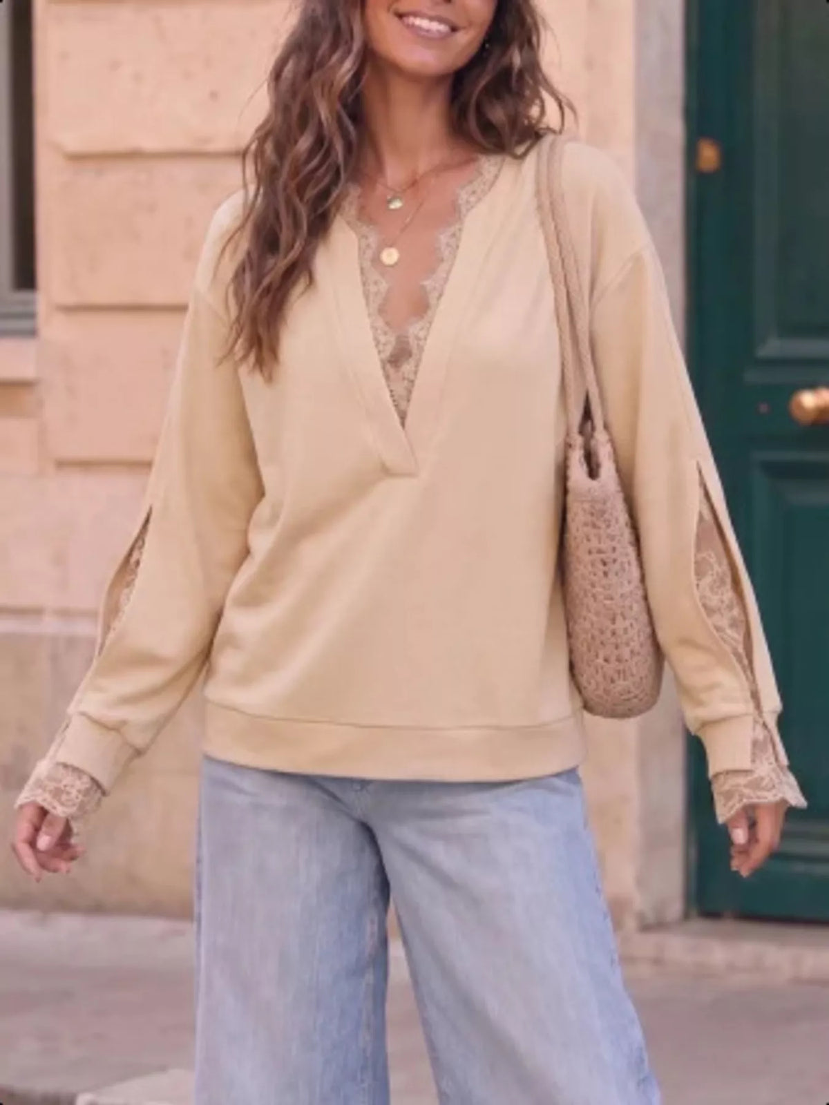 Lace Trim Split Sleeve Sweatshirt in beige, front view