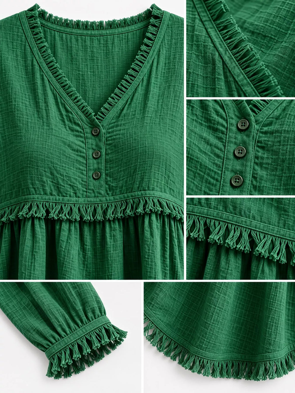 Fringe-trim blouse, green neckline and hem detail