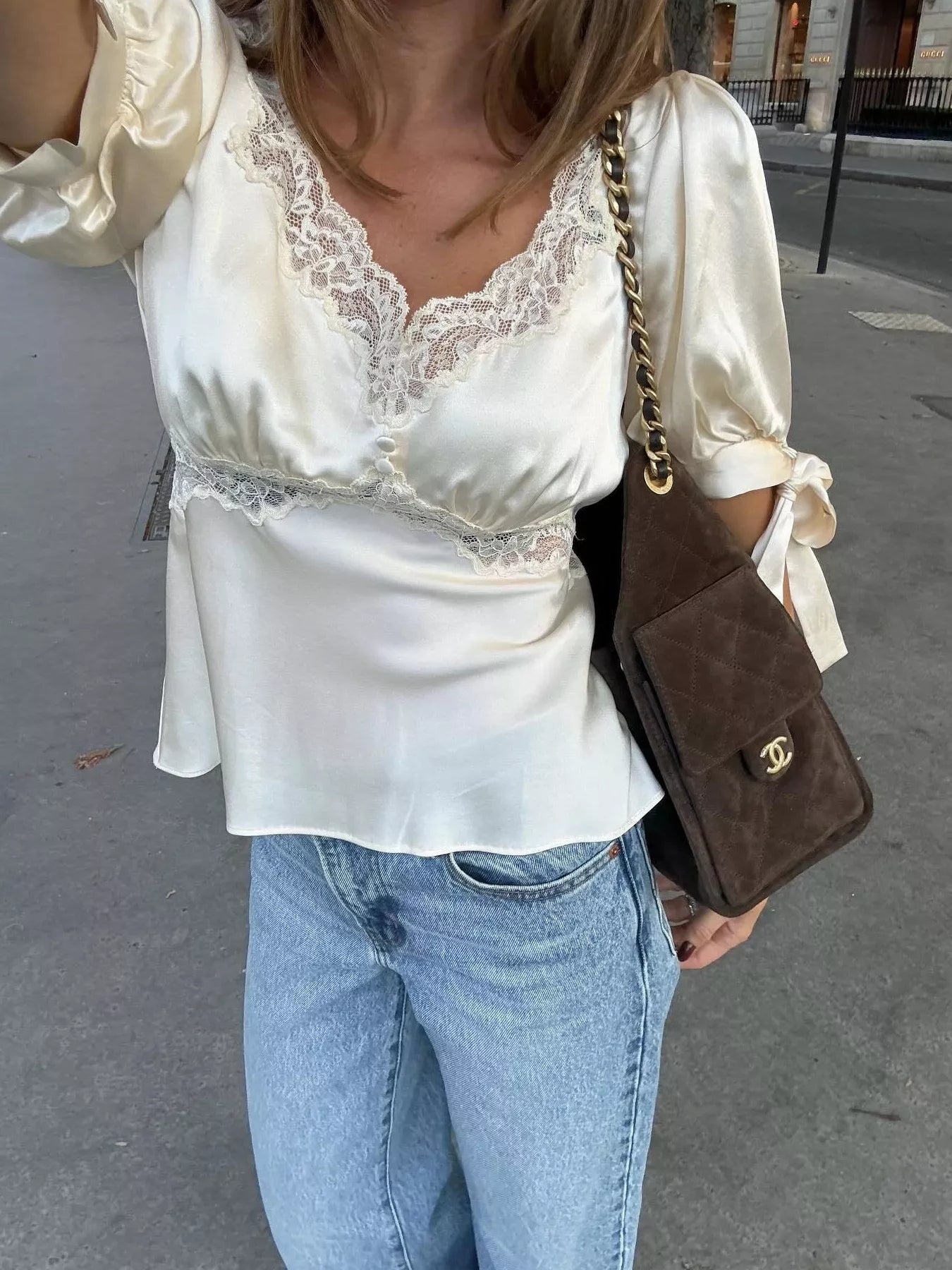 Trendsi Satin Lace Trim and Tie-Sleeve Detail Blouse -