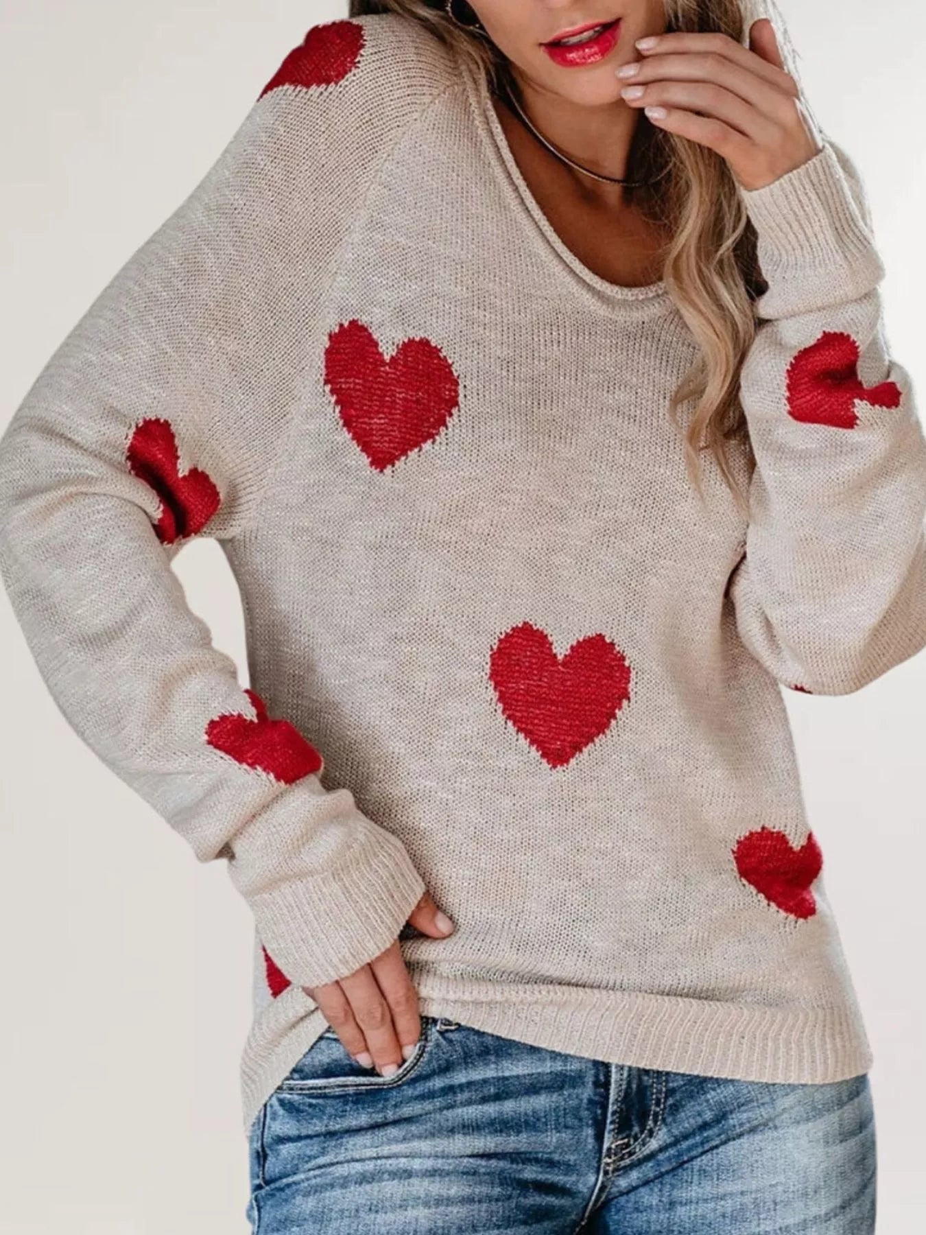 Trendsi Heart Pattern V-Neck Sweater -