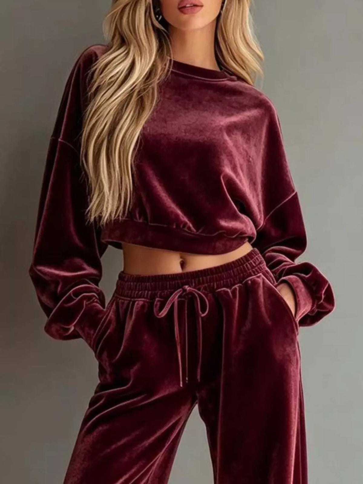 Burgundy Cropped Sweatshirt & Wide-Leg Pants Set top and waistband detail