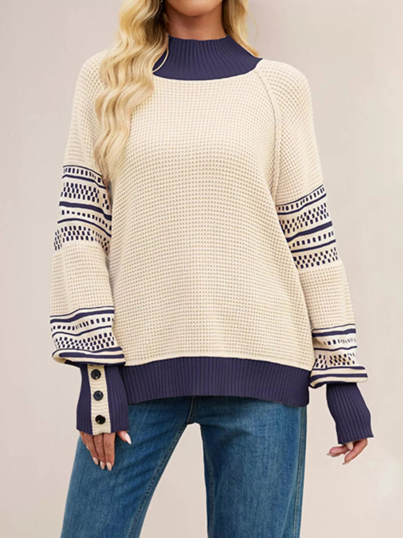 Trendsi Color-Block Mock Neck Waffle Knit Sweater -