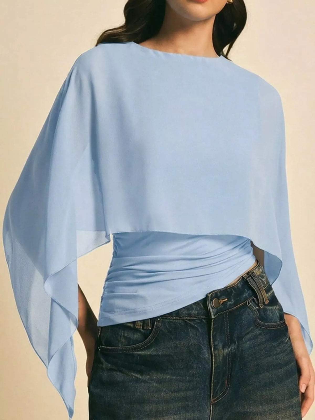 Light Blue cape sleeve round neck blouse