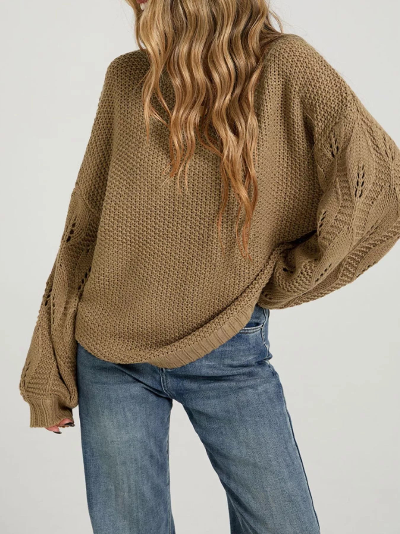 Trendsi Textured Knit Openwork Dropped Shoulder Sweater -