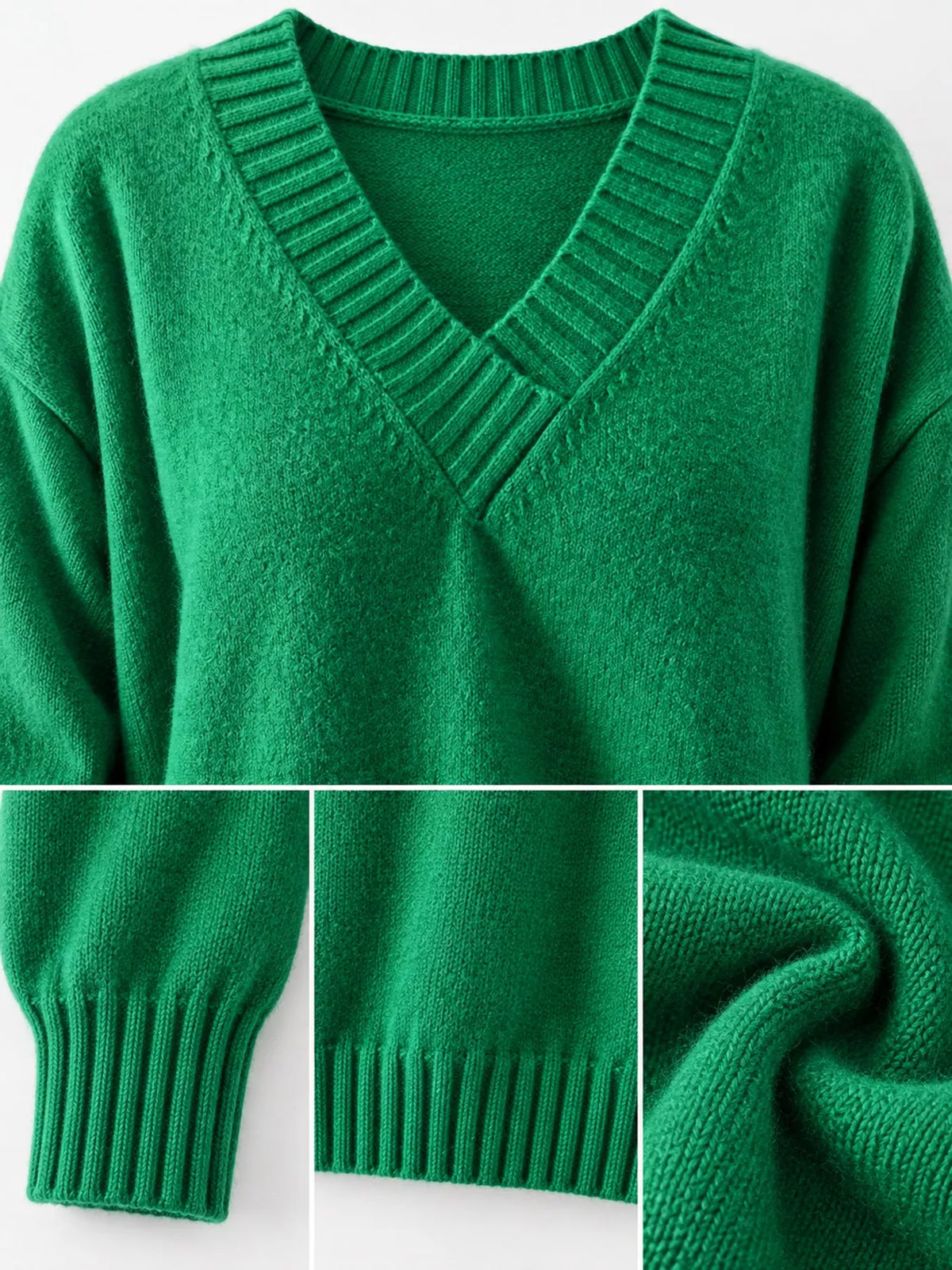 V-neck sweater, green detail collage