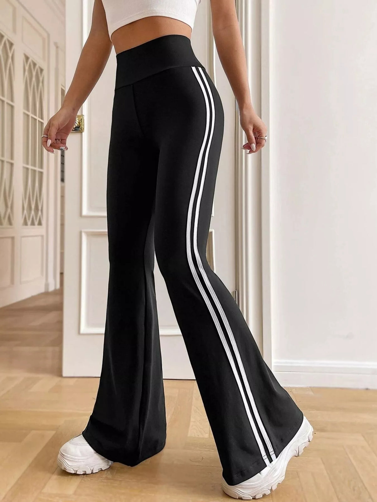 High-waisted side-striped flare active pants