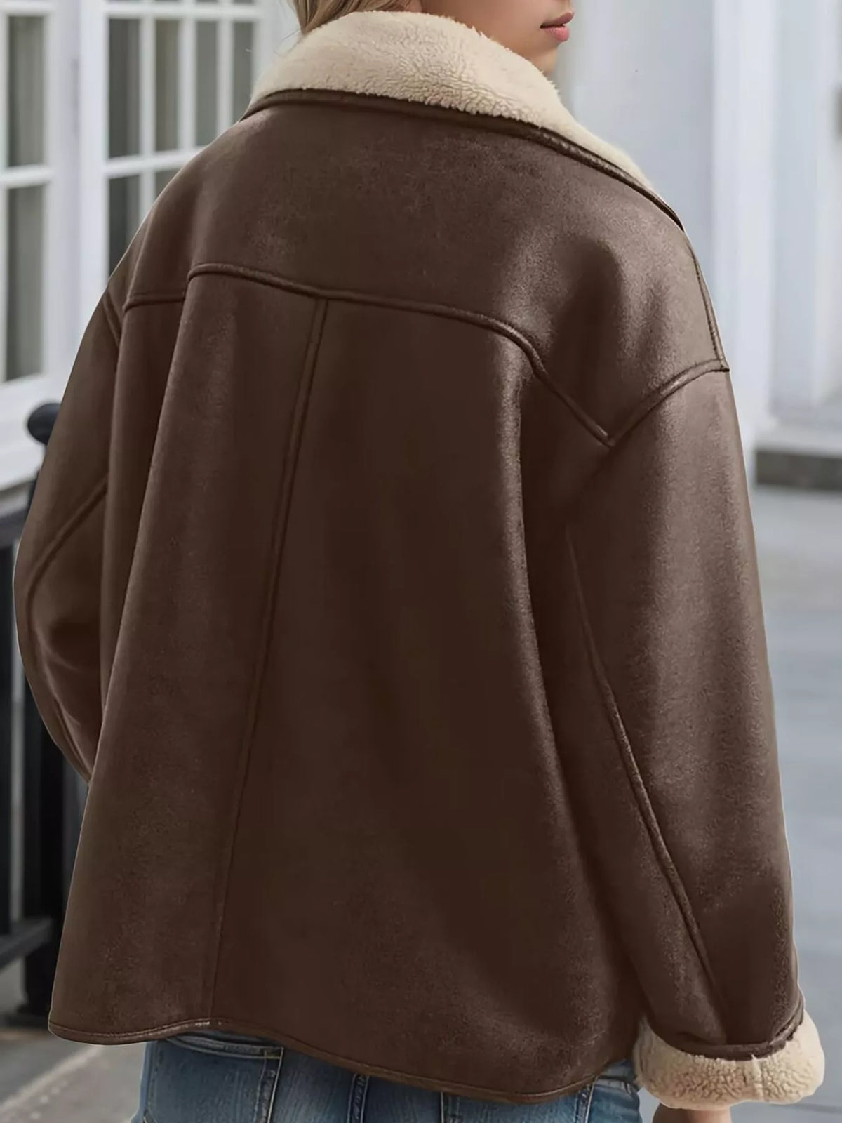 Coffee Brown Sherpa-Lined Button-Down Jacket with Pockets back lifestyle view