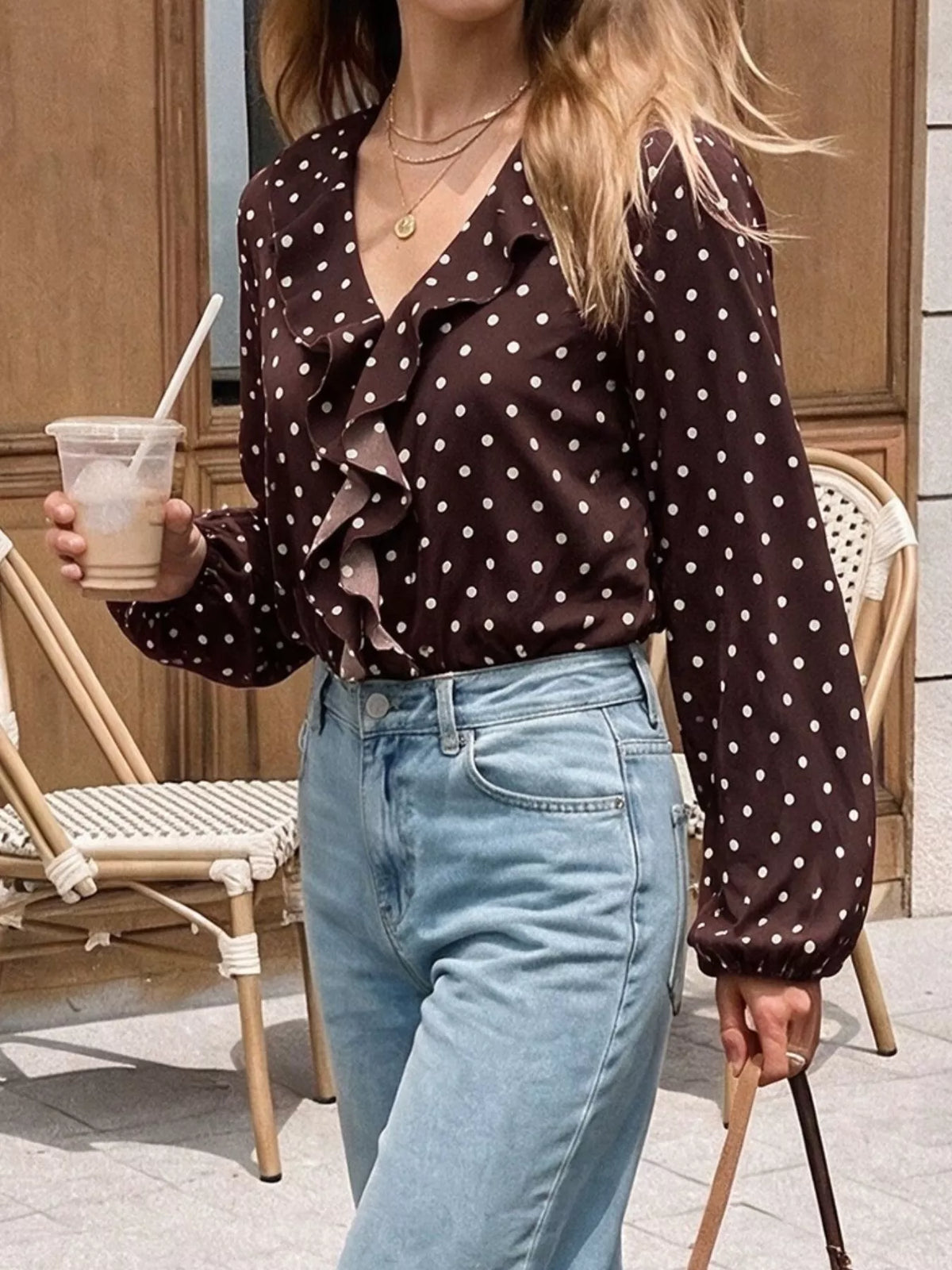 Trendsi Polka Dot Ruffled V-Neck Bodysuit -