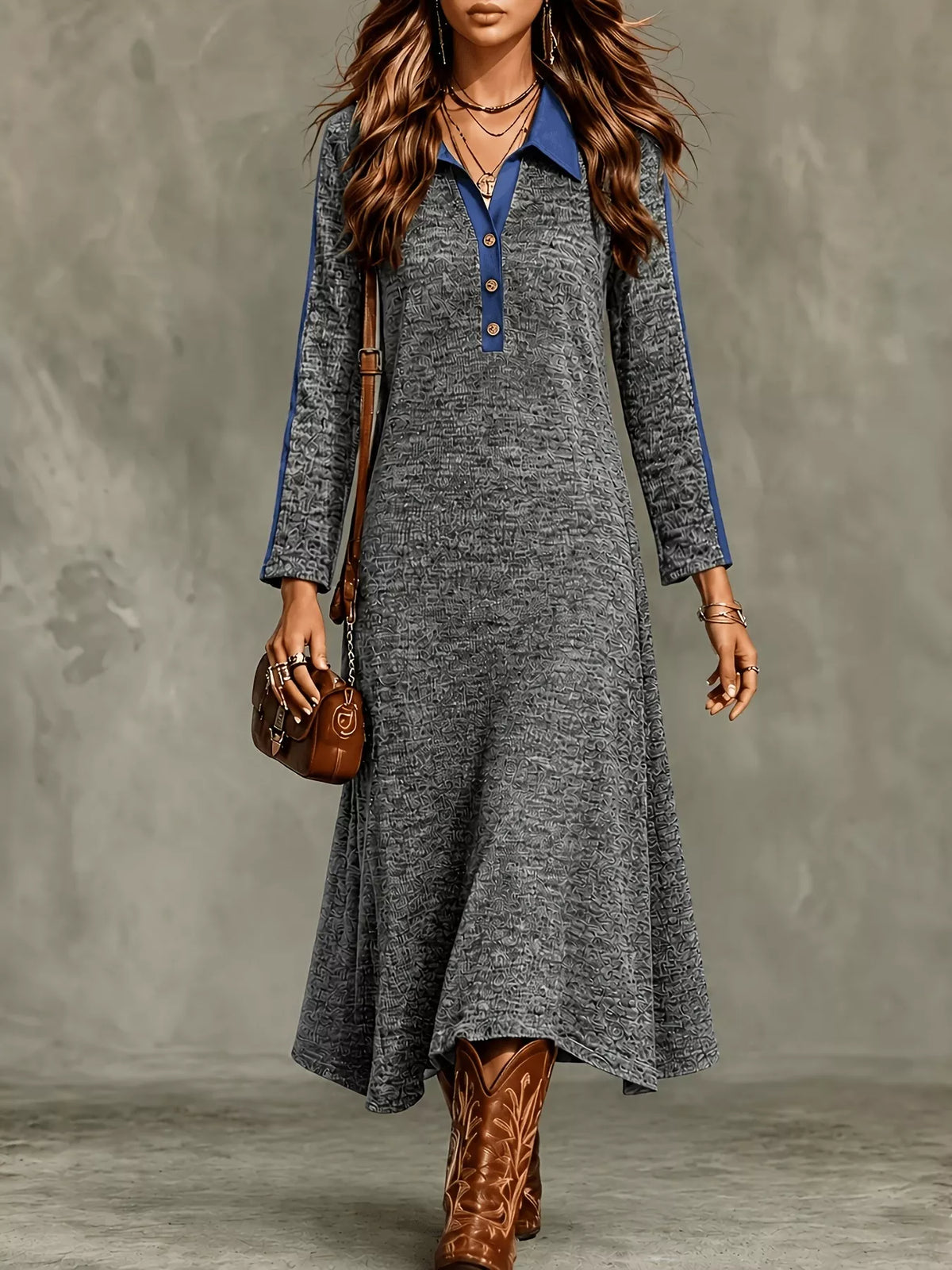 Colorblock Polo Collar Long Sleeve Sweater Dress — front view