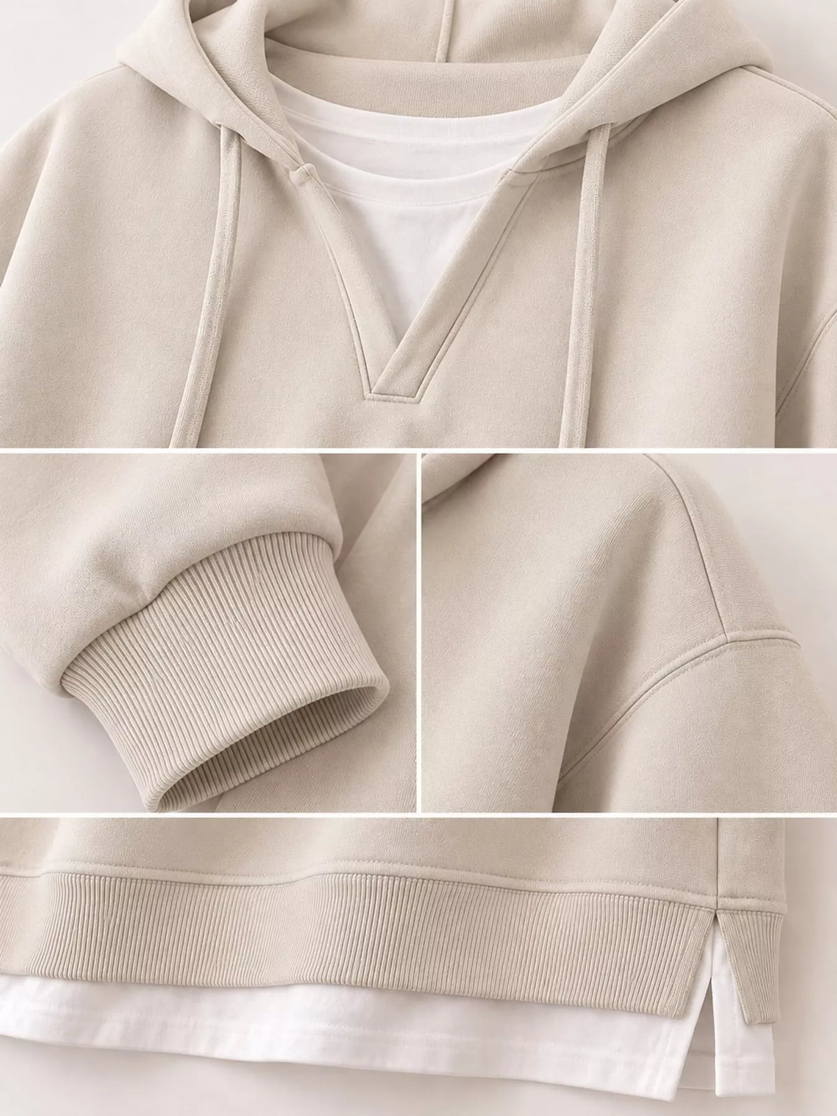 Cream layered look dropped shoulder hoodie, detail view