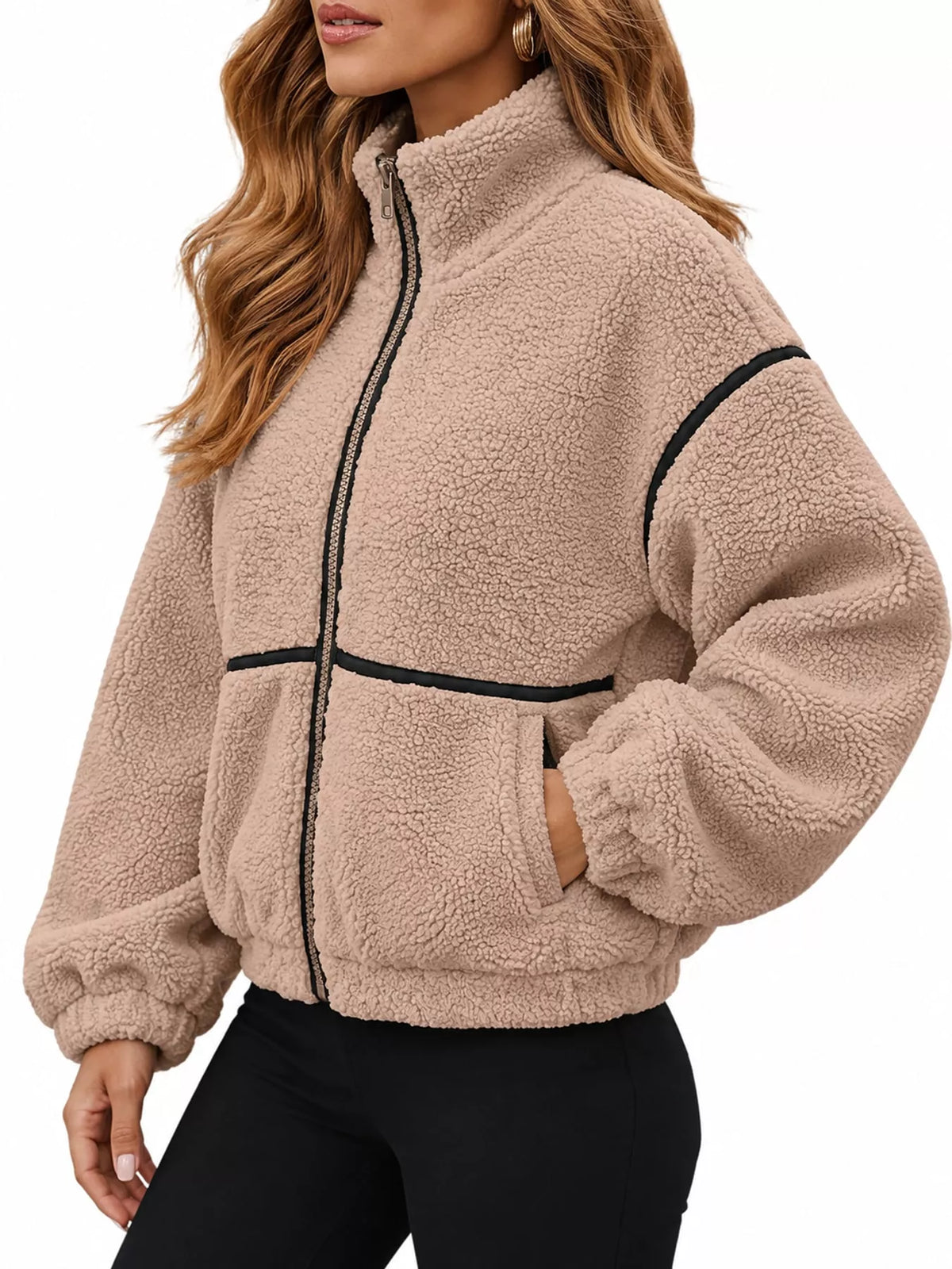 Stand Collar Sherpa Fleece Zip-Up Jacket — side view
