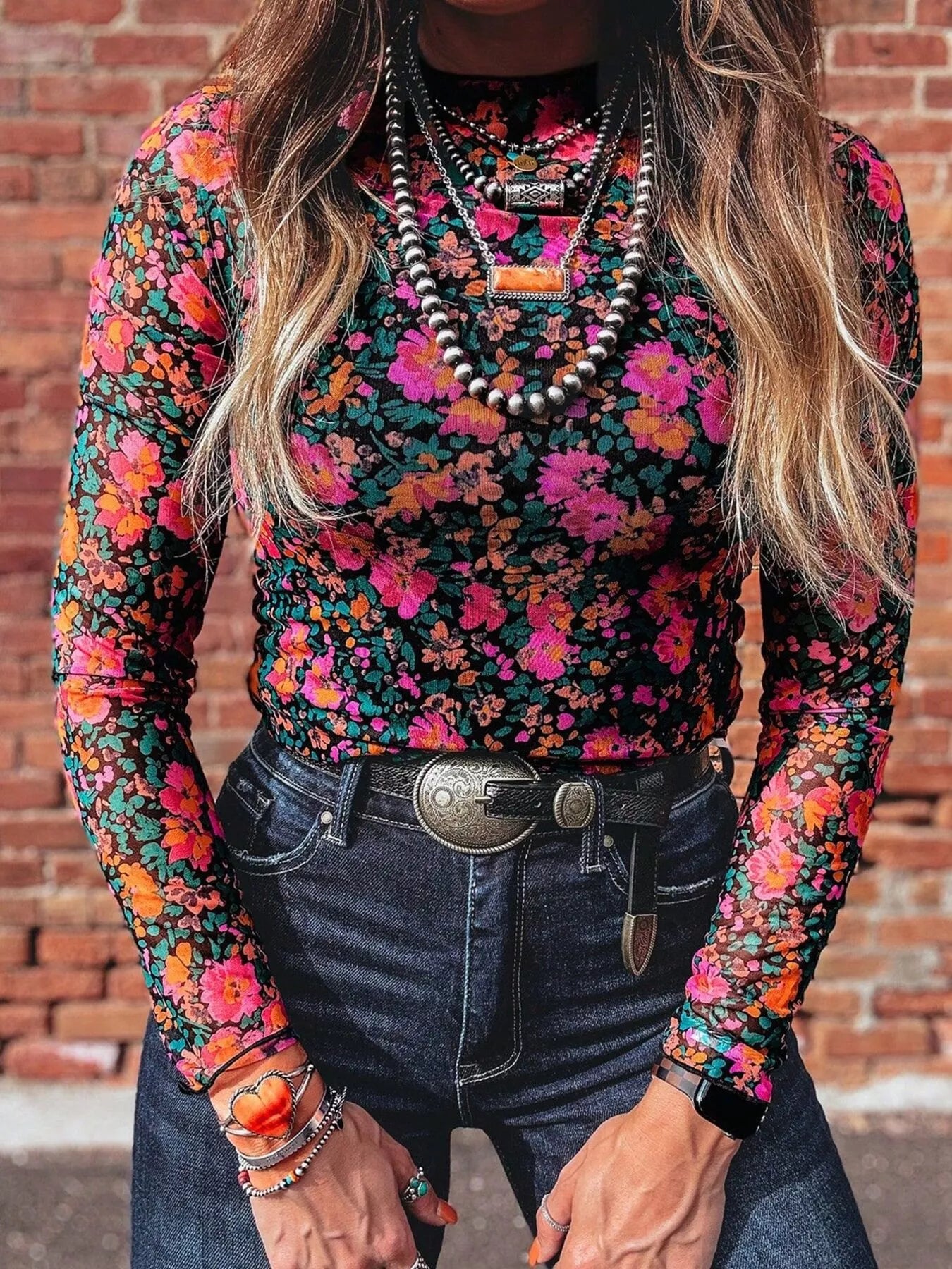 Trendsi Printed Mesh Long Sleeve Slim Fit Top -