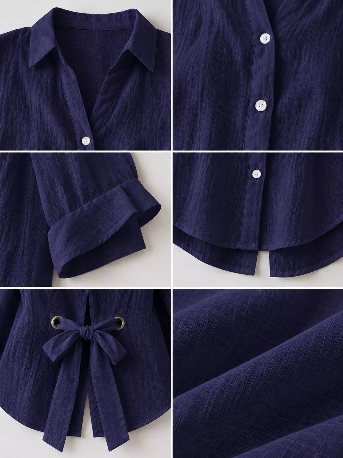 Dark Blue loose fit tie back shirt, detail view