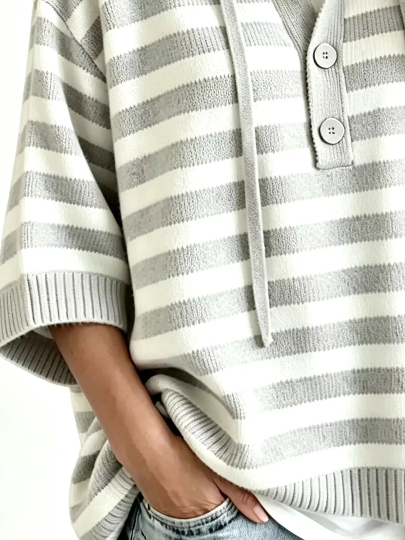 Trendsi Striped Hooded Sweater with Button Detail -