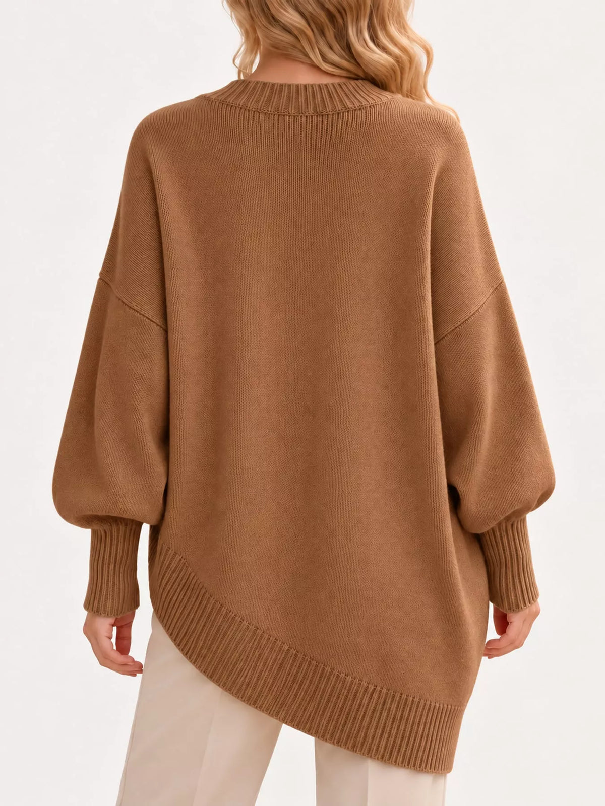 Ribbed Knit Dropped Shoulder Sweater, back view in camel