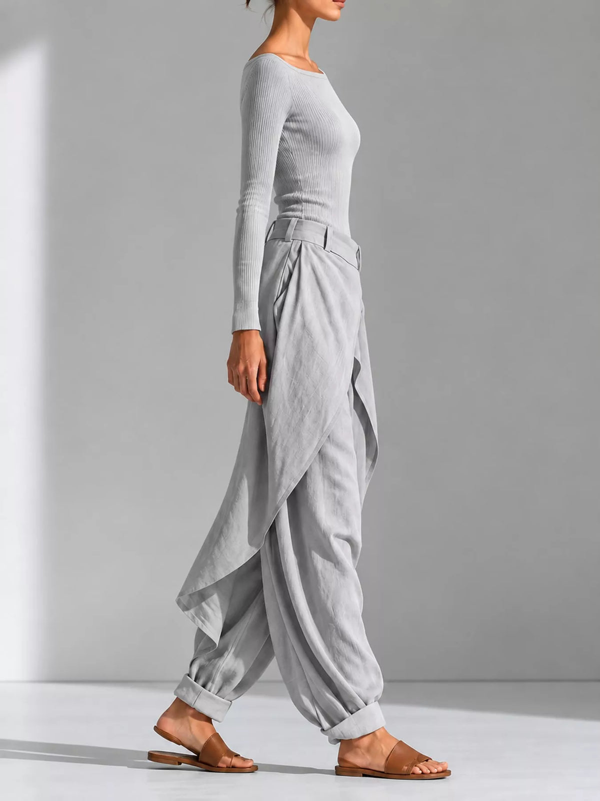 Gray boat neck long sleeve top and wrap pants set — side view