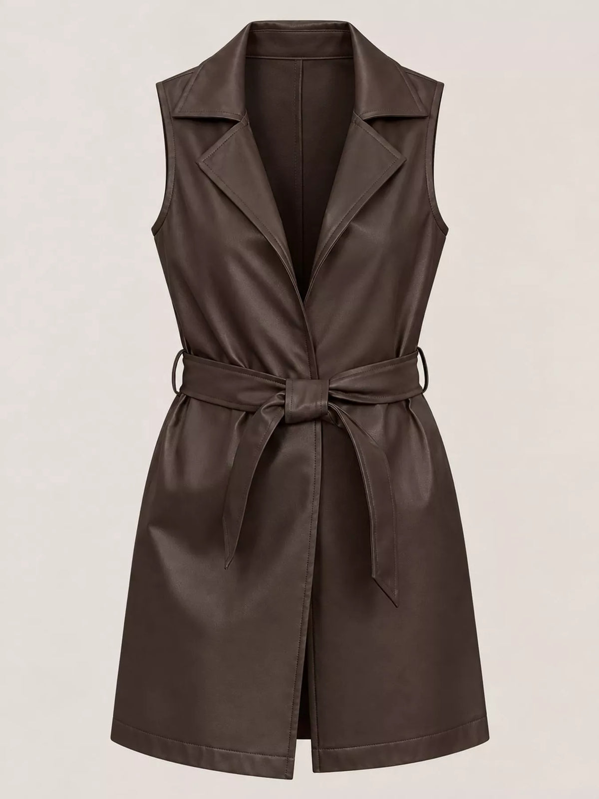 Tie Waist Longline Vest in dark brown, front view