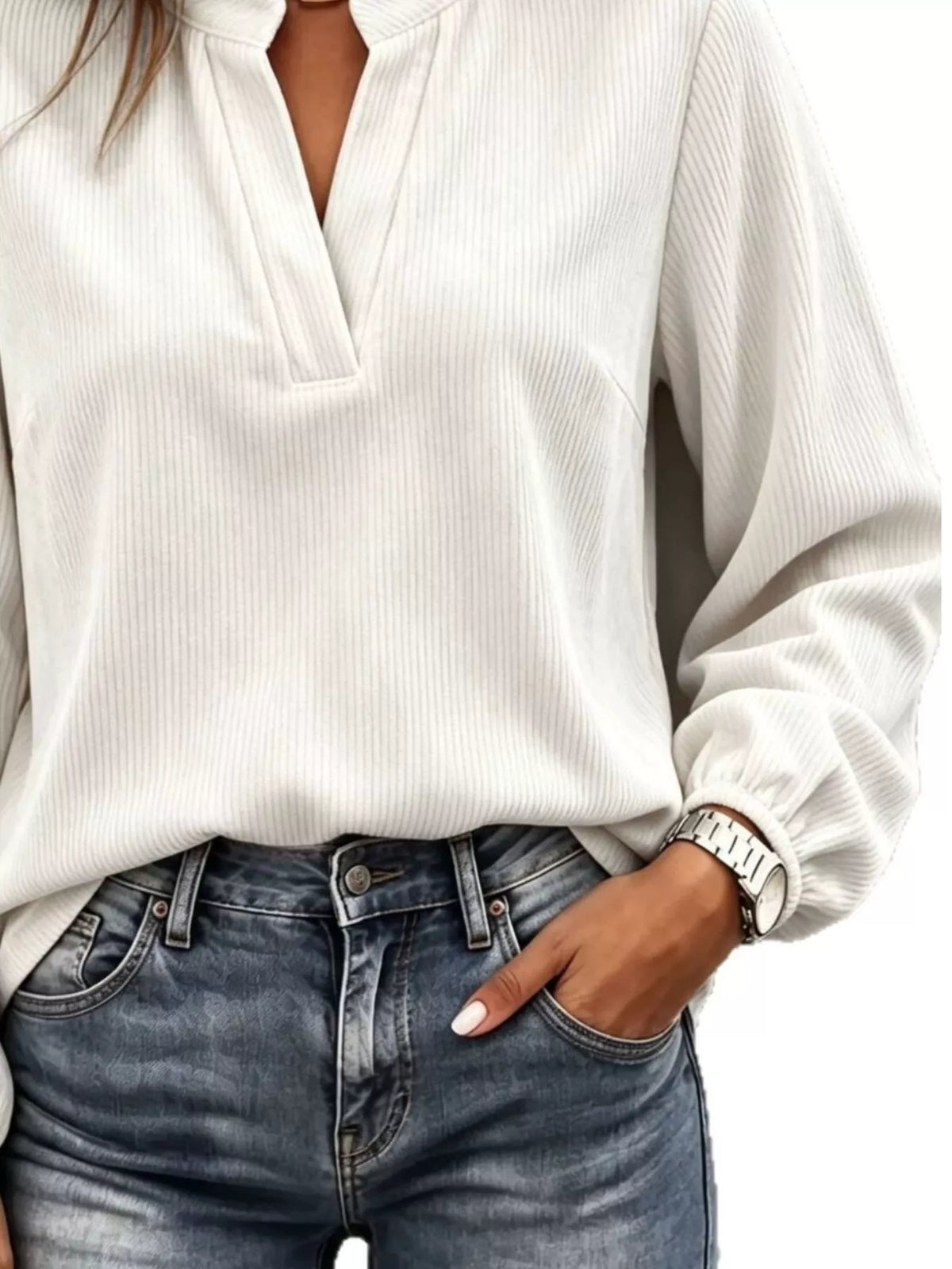 Corduroy-look notched long-sleeve top