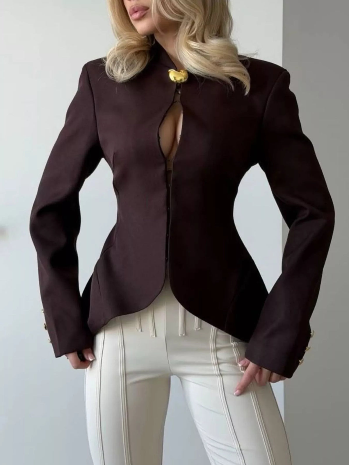 Round neck long sleeve blazer, front view on model