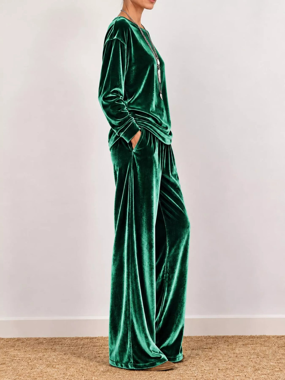 Velvet Long Sleeve Top and Wide-Leg Pants Set — side view