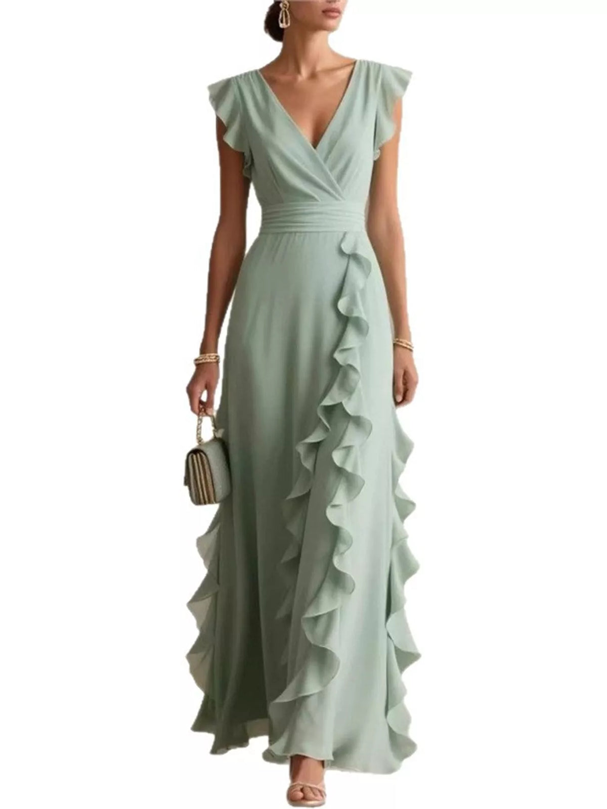 Sage green ruffled surplice maxi dress, front view
