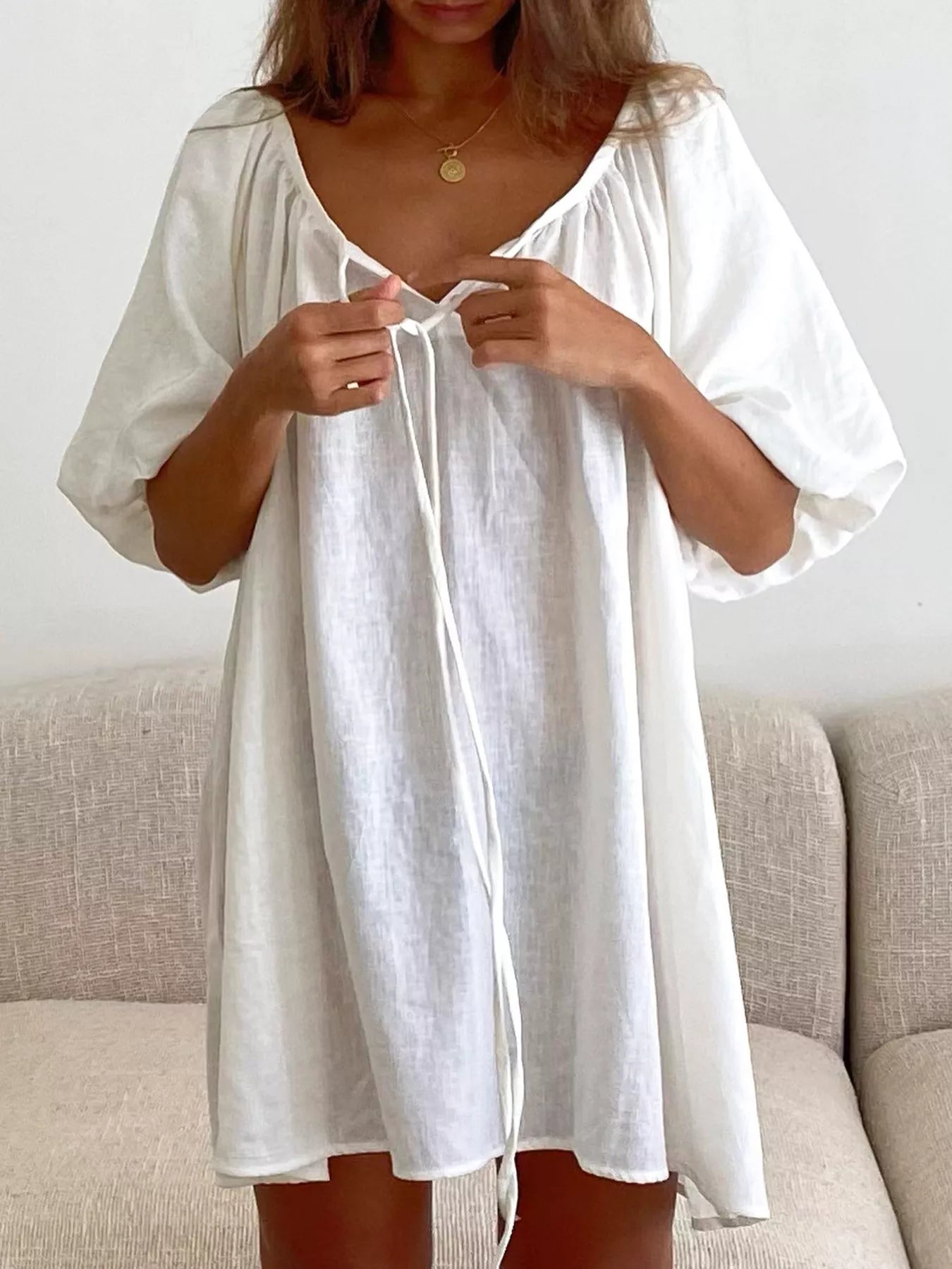 Trendsi Tie Neck Puff Sleeve Lounge Dress -