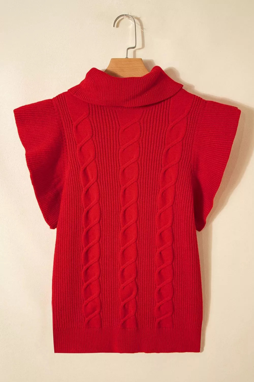 Trendsi Cable Knit Turtleneck Ruffled Short Sleeve Sweater -
