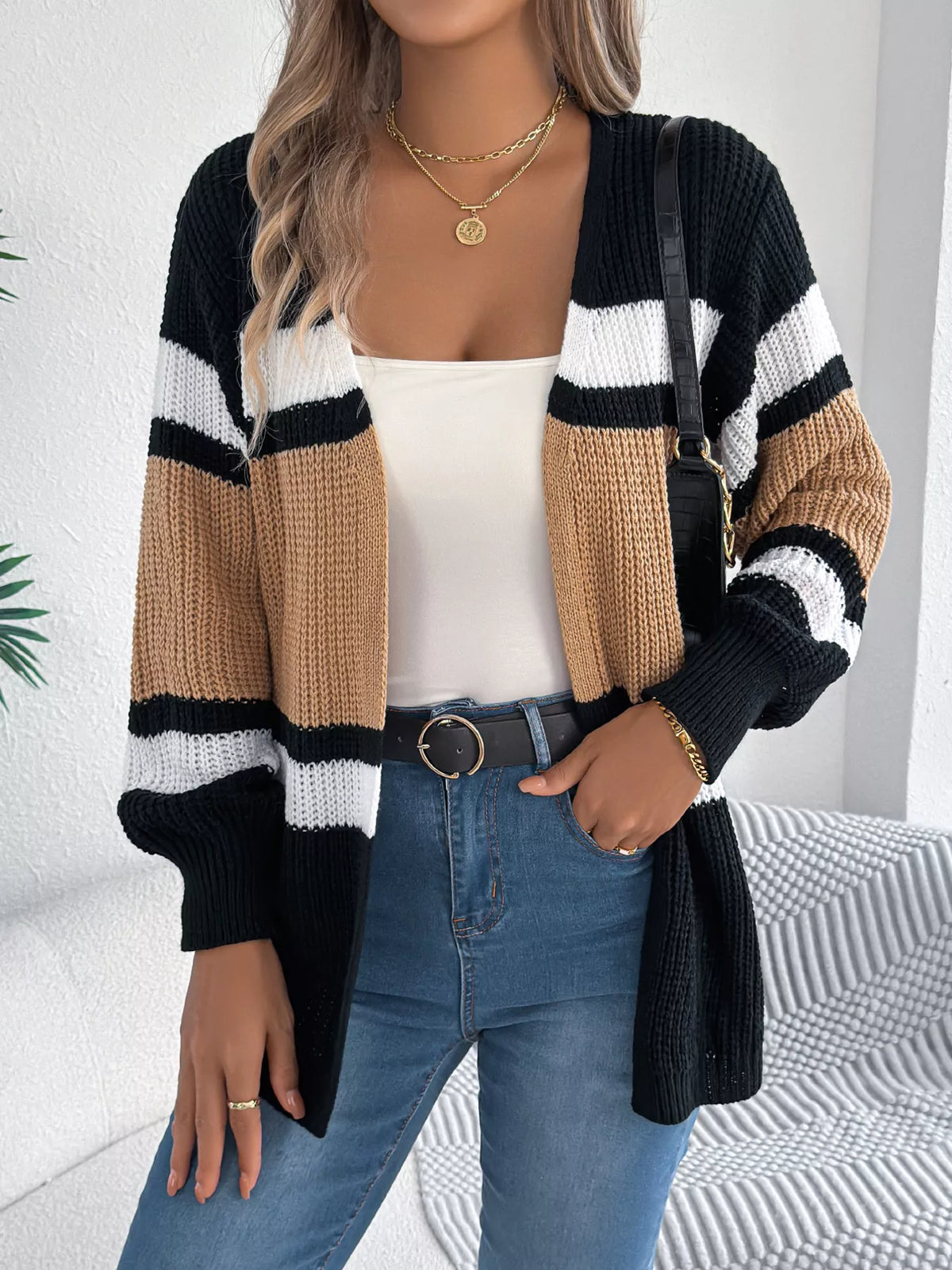 Khaki Color color block open front knit cardigan