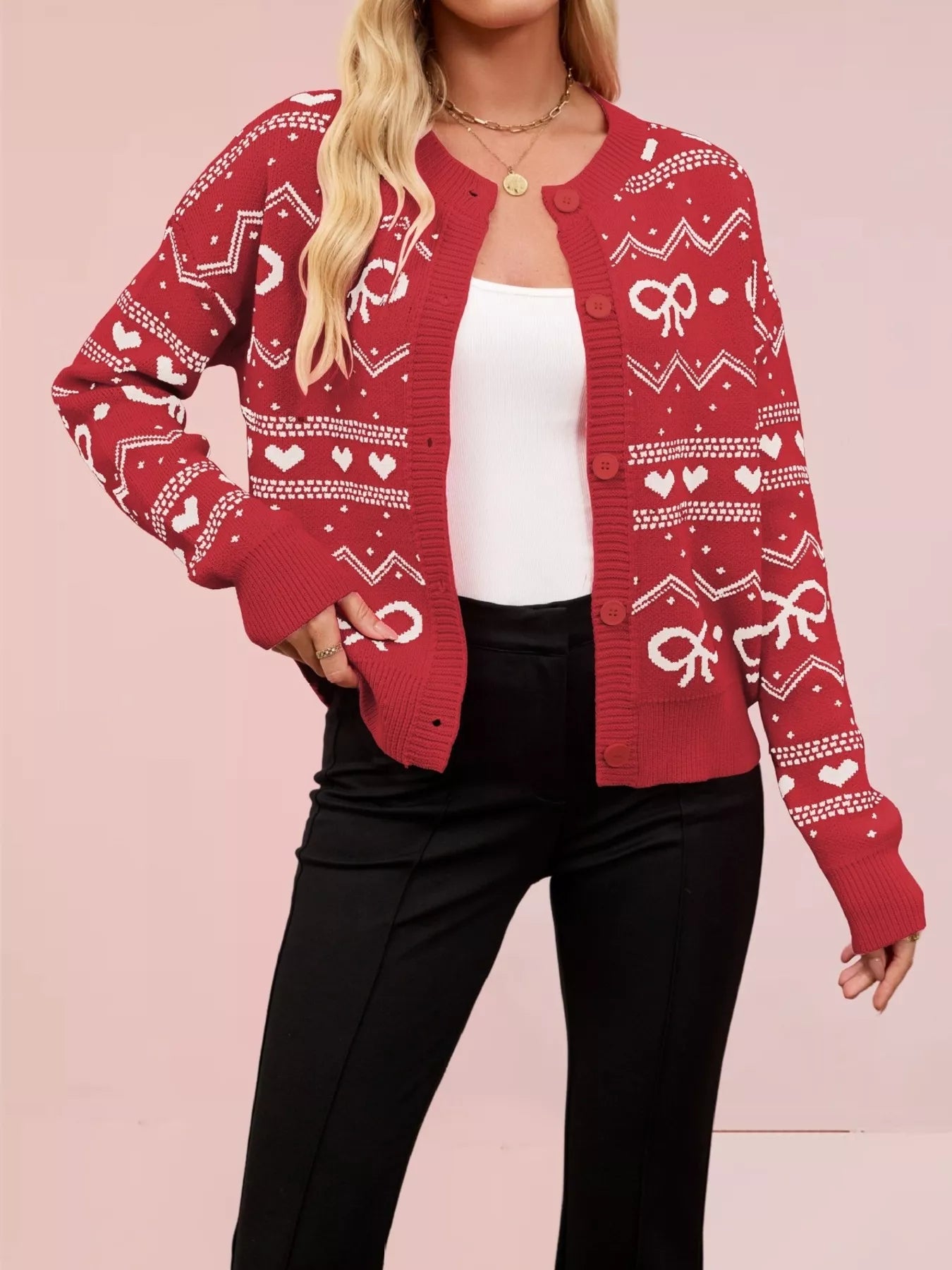 Trendsi Bow and Heart Pattern Knit Cardigan -