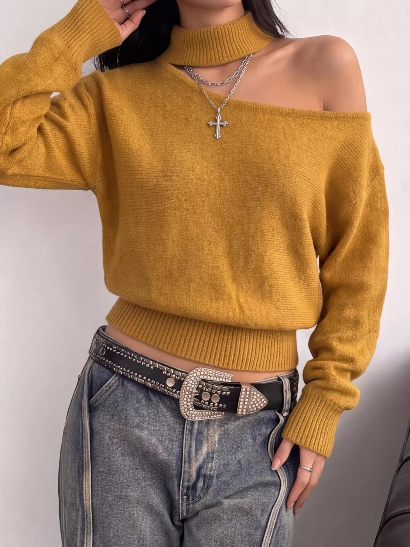 Trendsi Cold-Shoulder Dropped Shoulder Sweater -