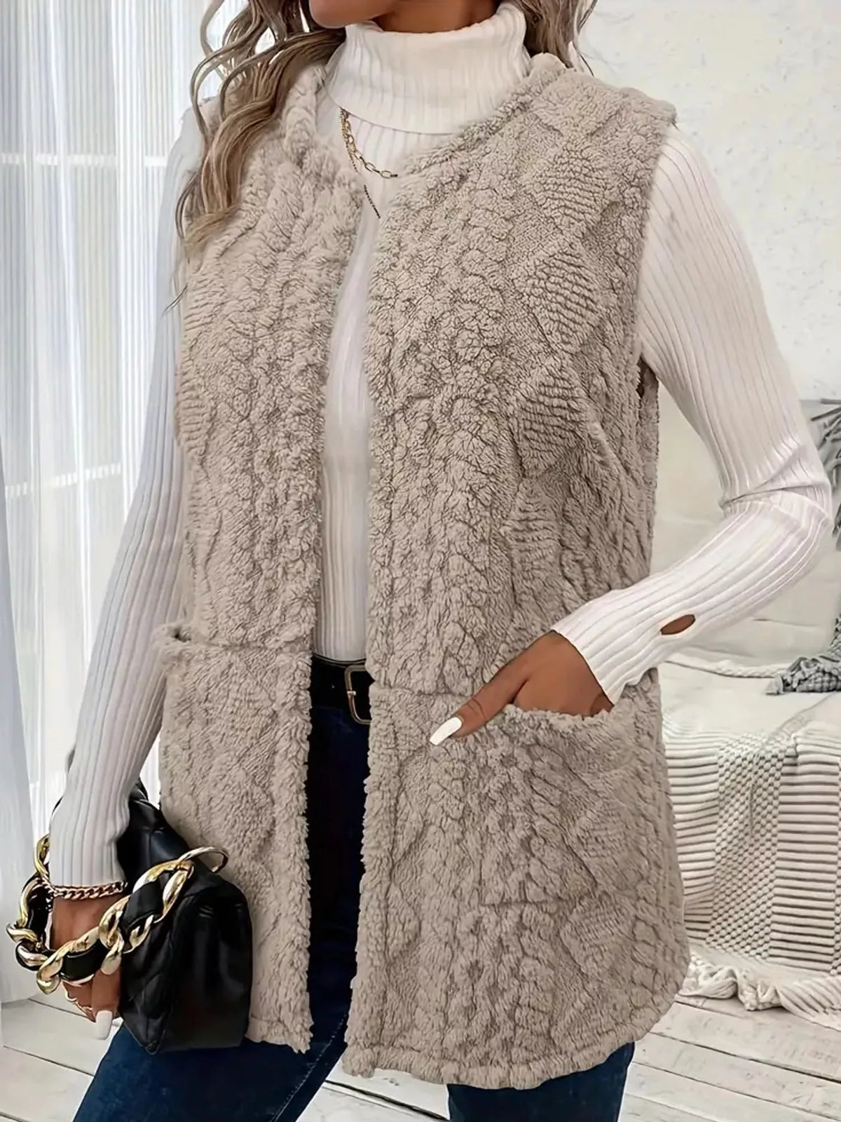 Taupe sherpa open front vest coat