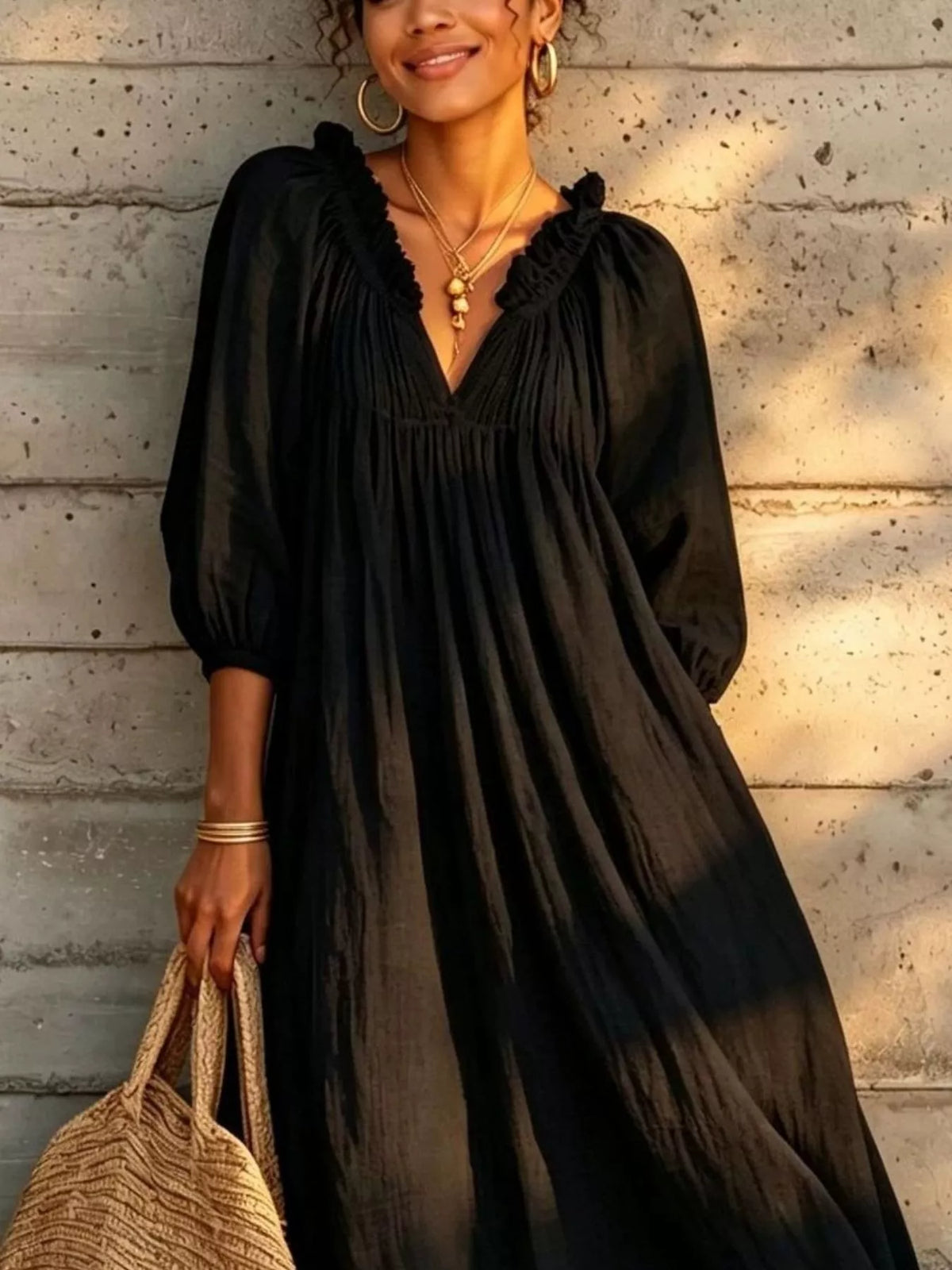 Tiered notched 3/4 sleeve maxi dress